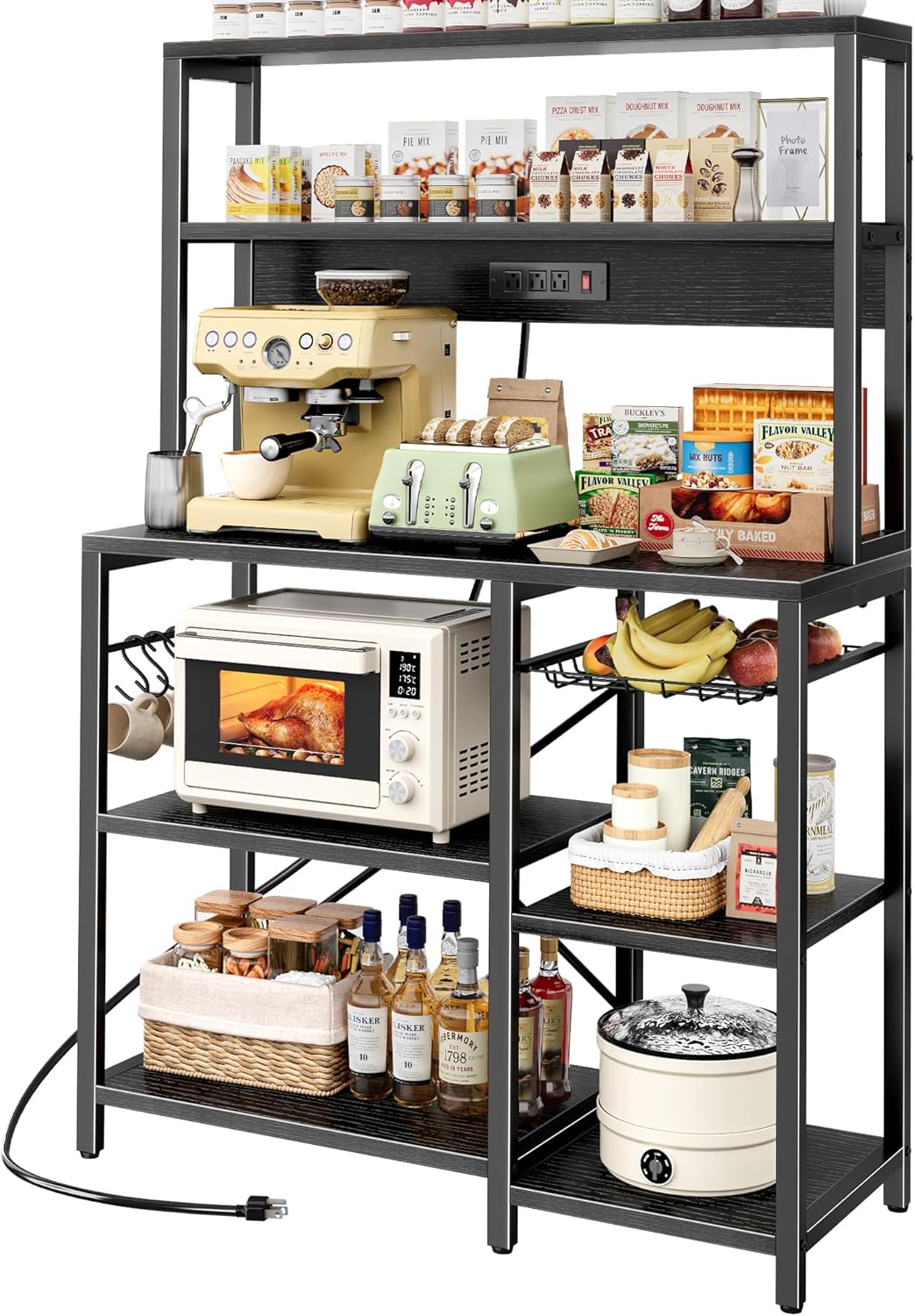 SUPERJARE Bakers Rack with Power Outlet, 35.4 Inches Coffee Bar with Wire Basket, Kitchen Microwave Stand with 6 S-Shaped Hooks, Open Storage Shelves, Black