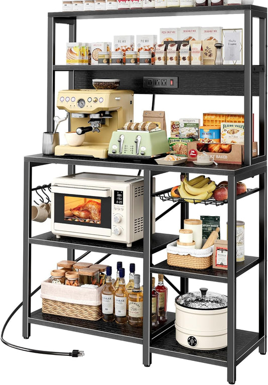 SUPERJARE Bakers Rack with Power Outlet, 35.4 Inches Coffee Bar with Wire Basket, Kitchen Microwave Stand with 6 S-Shaped Hooks, Open Storage Shelves, Black