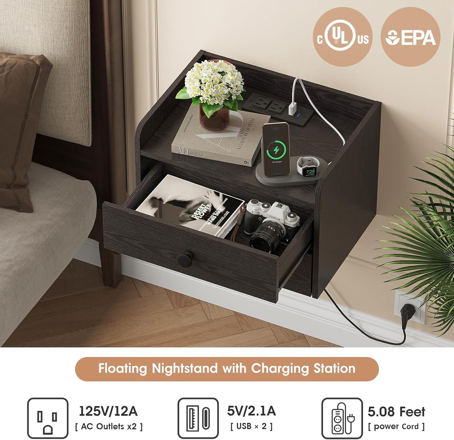 Floating Nightstand Set of 2 with 2 Storage Drawers and Charging Station Wood Wall Mounted Bedside End Table Modern Night Stands Set 2 for Bedroom,Small Space,Black