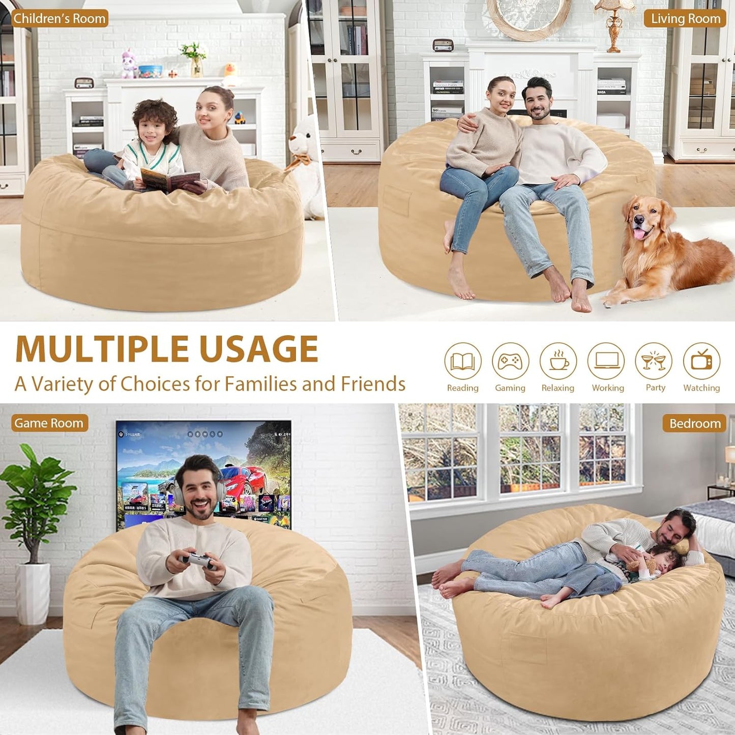 4FT Bean Bag Chair, Large Bean Bag Chairs with Memory Foam Filled, Fluffy Beanbag Sofa with Dutch Velvet Cover, Round BeanBag Chairs for Living Room, Playroom - Khaki