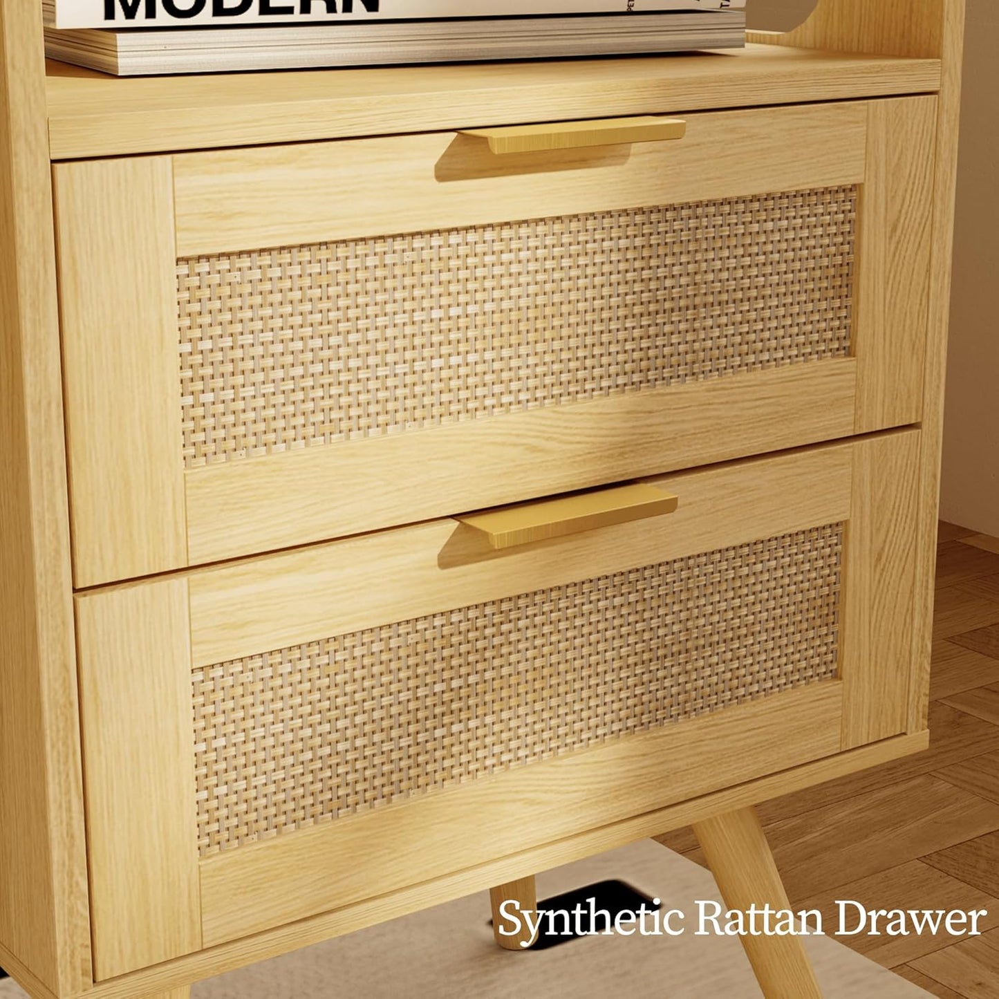 Rattan Nightstand,Farmhouse Bedside Table with 2 Storage Drawer and Open Wood Shelf, for Bedroom and Small Spaces,Night Stand with Solid Wood Legs (Yellow Oak)