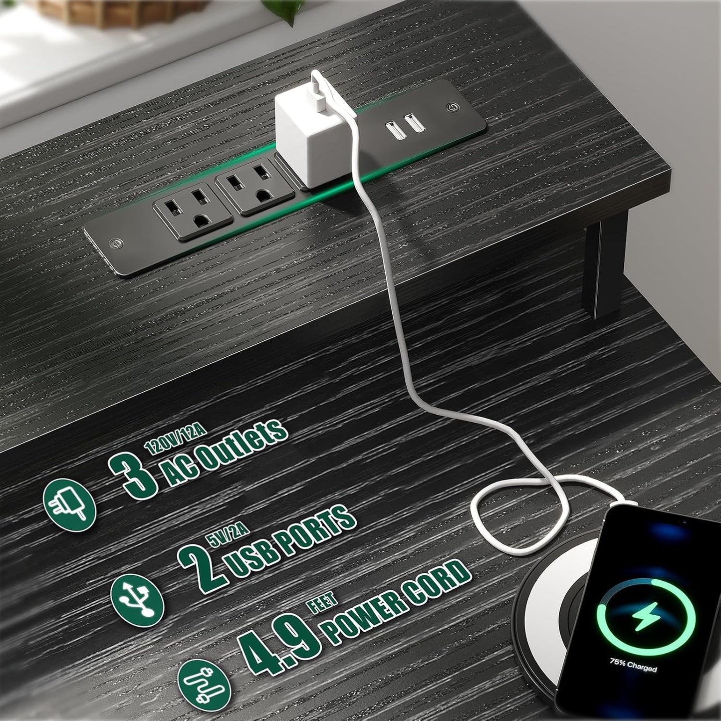 47 Inch Computer Gaming Desk with Power Outlets & LED Lights Reversible Home Office Desk with Adjustable 5 Fabric Storage Drawers for Working Writing Study, Black