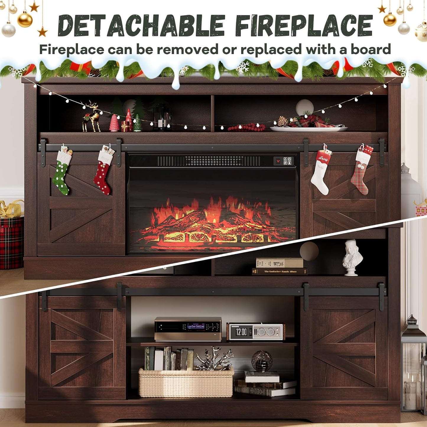 YESHOMY Fireplace TV Stand for Television up to 65+ Inch with Storage and Farmhouse Sliding Barn Doors, Entertainment Center with Cabinet and Shelves, Media Console for Living Room, Dark Brown