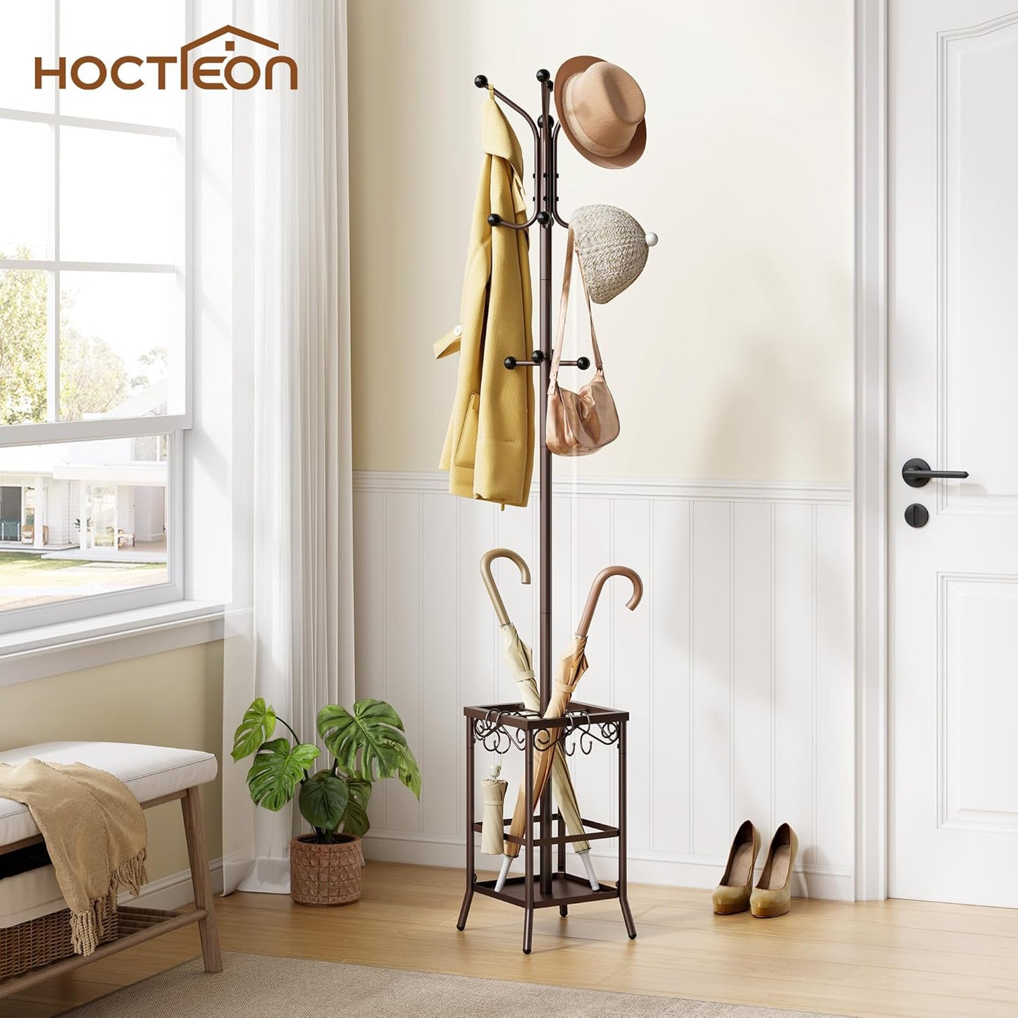 Hoctieon Coat Rack Freestanding, Coat Tree with Umbrella Holder, Metal Coat Rack Stand with 12 Hooks, Standing Coat Hanger Stand, Umbrella Stand for Entryway, Hat Rack Stand for Home Office, Brown