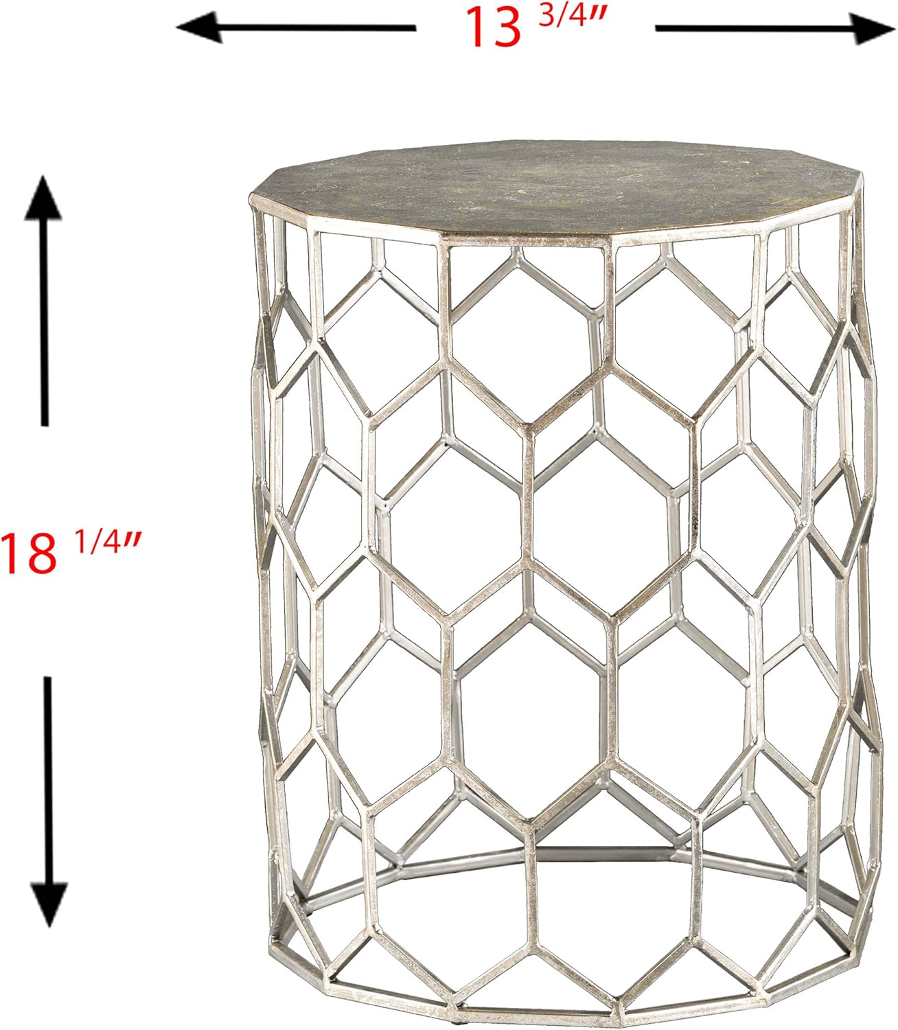 SEI Furniture Clarissa Metal Honeycomb Accent Table, Geometric Style Round Console Table With Faux Leather Top for Living Room, Silver, 13.75 in x 13.75 in x 18.25 in
