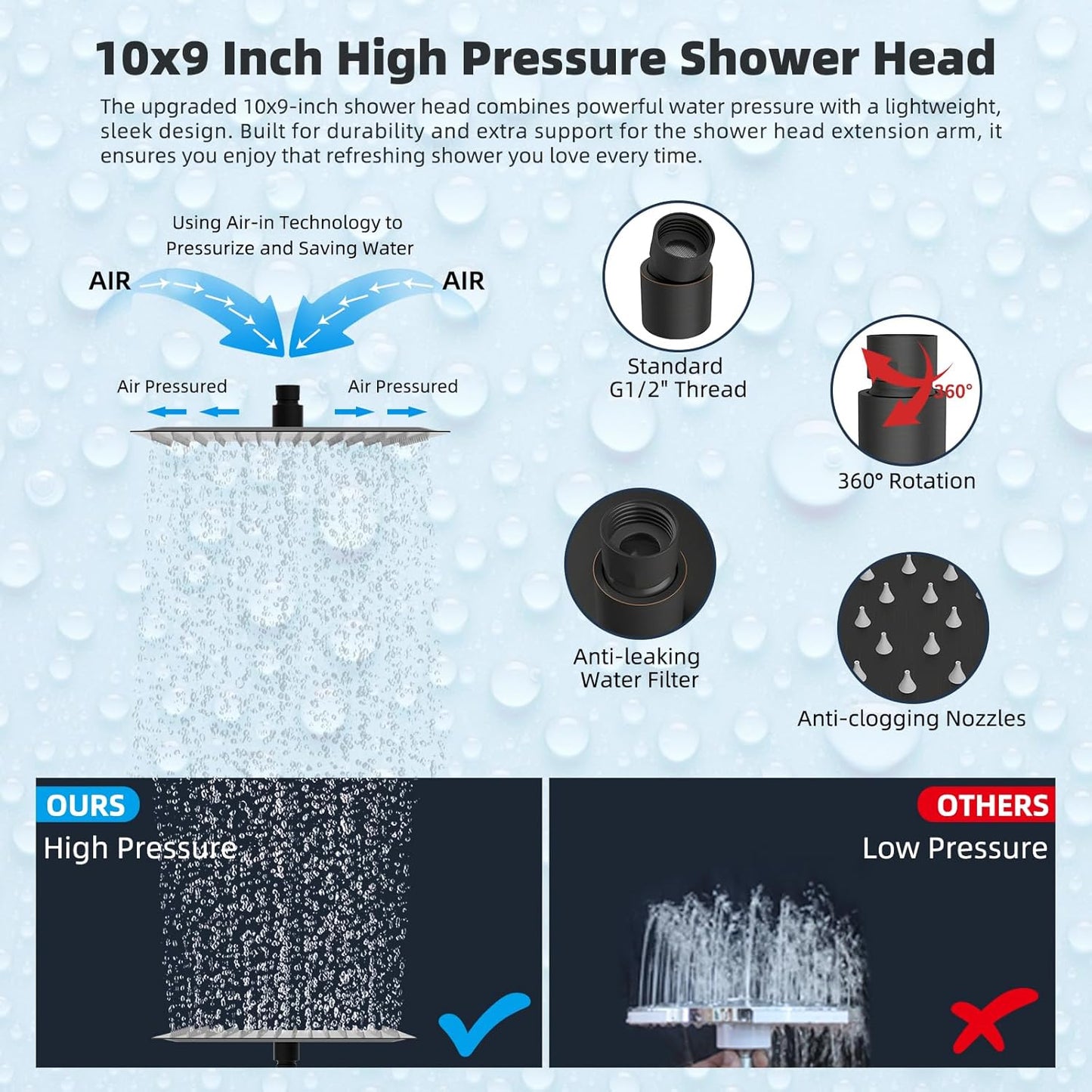 Hibbent All Metal 10'' Rainfall Shower Head, Shower Head Combo, High Pressure Handheld Shower Wand, 16'' Adjustable Arc-shaped Shower Extension Arm, 71'' Hose, Showerhead Holder, Oil Rubbed Bronze