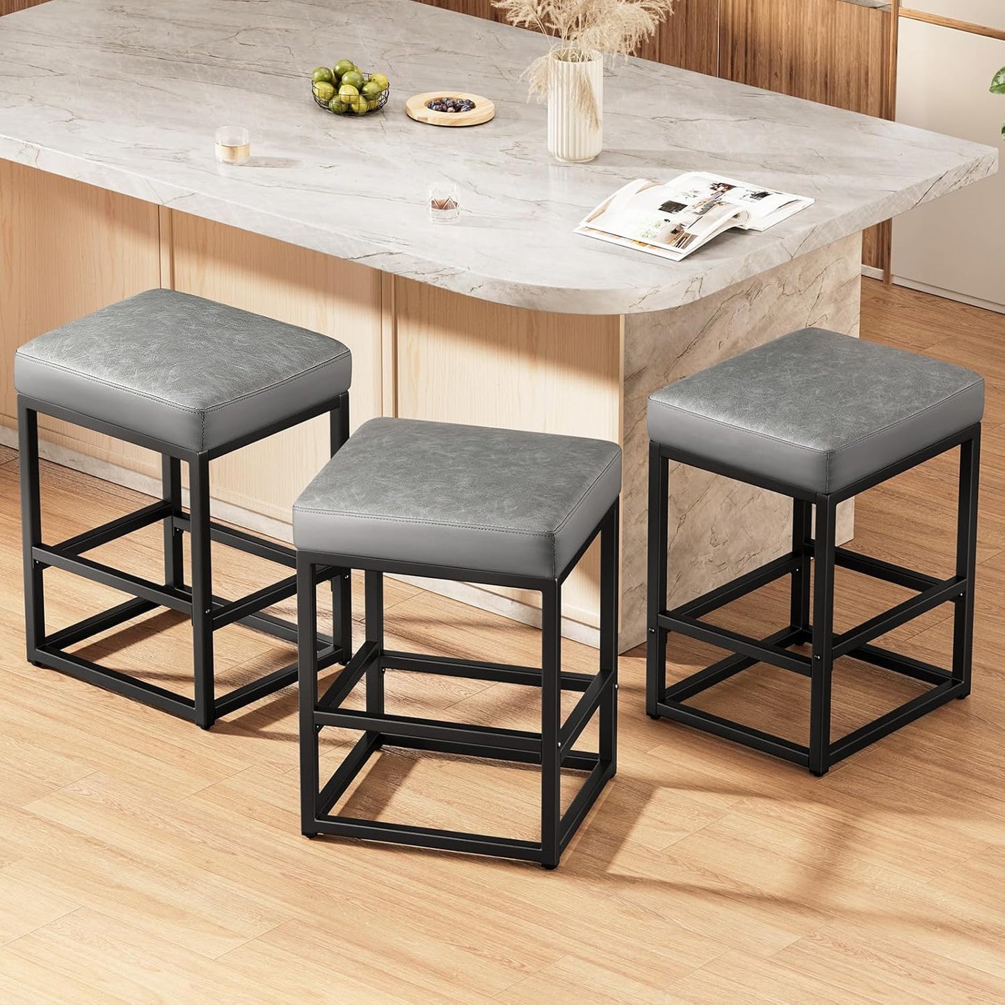 Counter Height Bar Stools Set of 3, 24" Barstools for Kitchen Countertop, Faux Leather Counter Stools with Thick Square Seats & Sturdy Metal Base, Simple Assembly, Gray