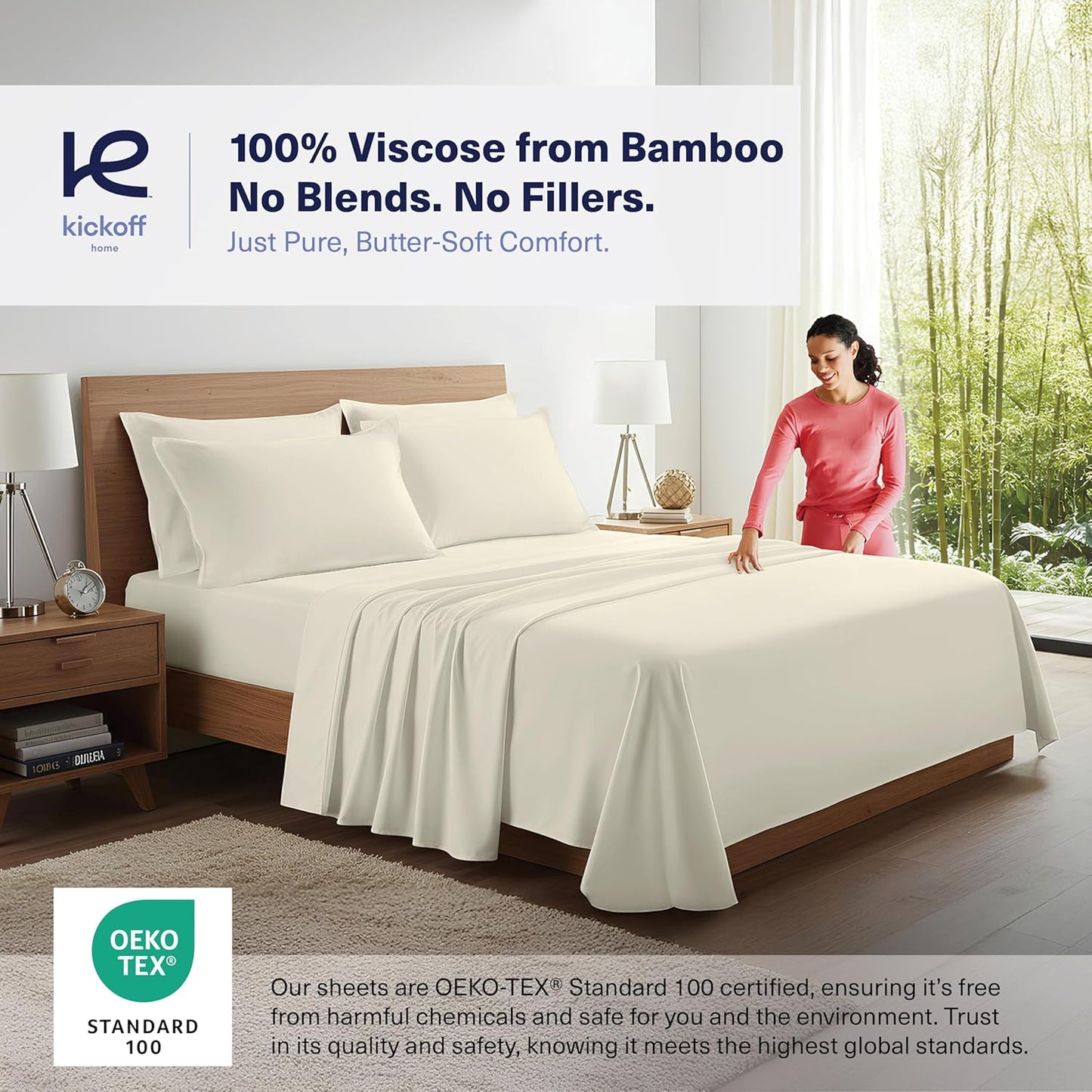 Kickoff Viscose Bamboo Sheets Twin XL Size 3-pc 100% Organic Bamboo Viscose Bed Cooling Sheets Twin XL Size Set Cool Bedding for hot Sleepers Sheet, Flat, Fitted, Pillowcase (Buttercream, TXL)