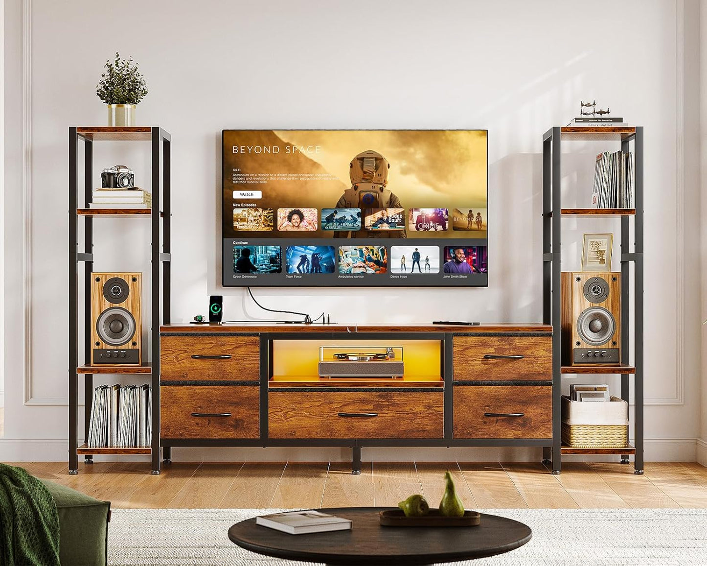 Casaottima 71" TV Stands for 43, 50, 55 Inch TV Entertainment Center with LED Lights and Power Outlets, TV Stand Living Room with 5 Fabric Drawers & Shelf, TV Console Cabinet for Bedroom, Rustic Brown