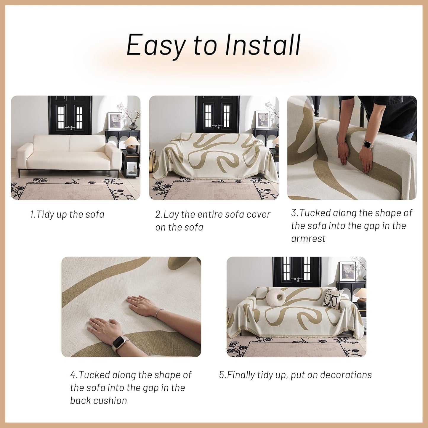 MYSKY HOME Couch Cover for 3 Cushion Sofa, Super Soft Boho Couch Covers for Dogs Washable, Jacquard Slipcover Furniture Protector for Living Room, 91" x 134", Khaki Curve