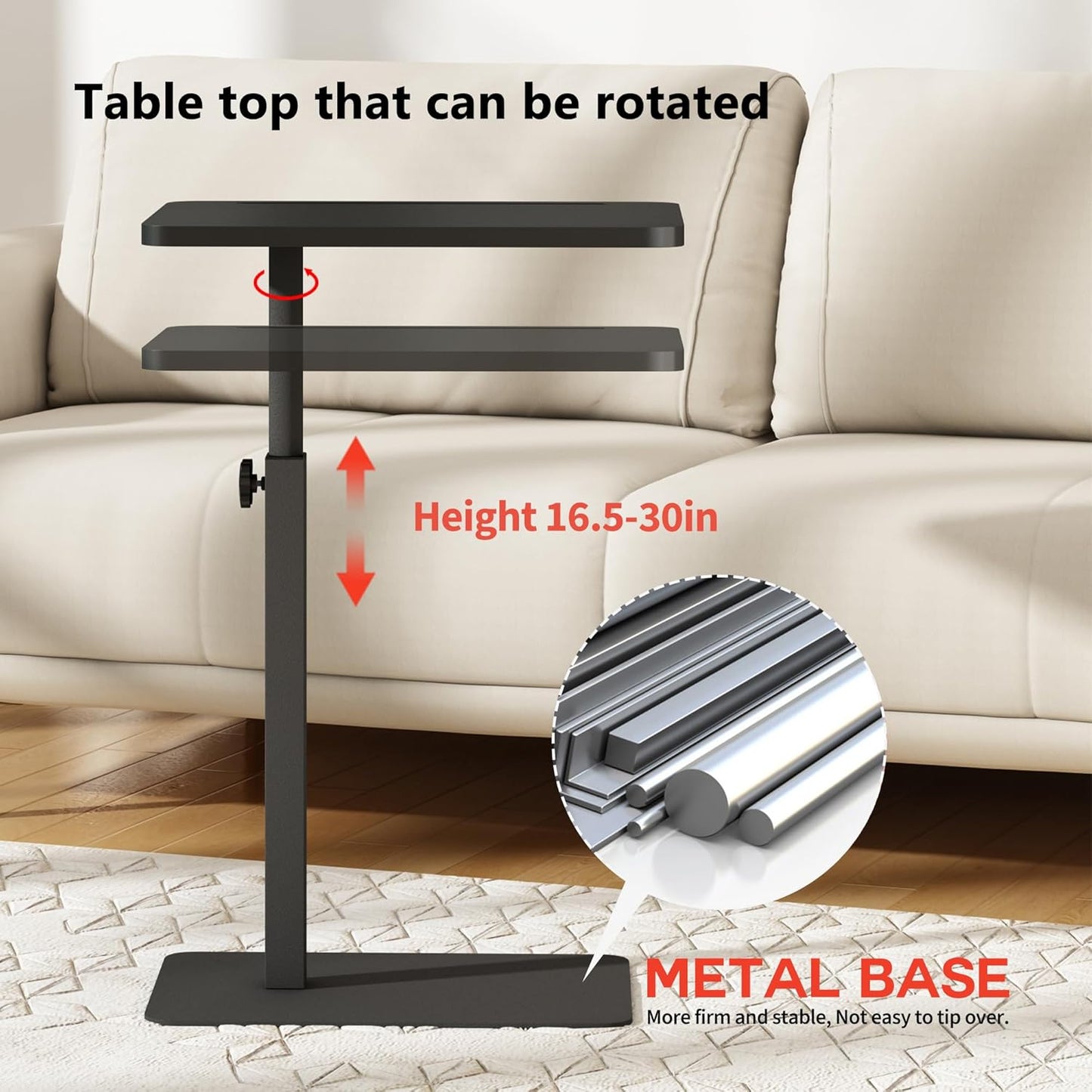 Forevich Bamboo Sofa Tray Table C Shaped Side End Table with Metal Base, Adjustable Height Swivel Snack Couch for Bed Small Spaces Living Room Black Table and Black Base