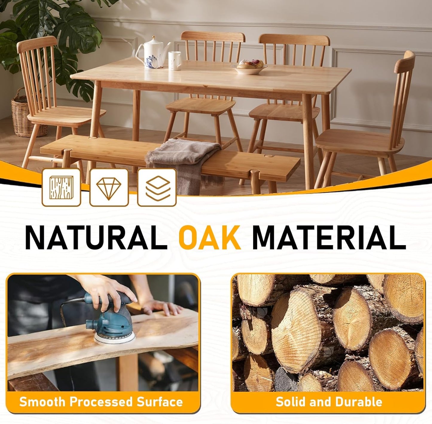 BAKEVE Dining Table for 4-6 Person- 47.2'' Solid Wood Kitchen Table, Mid Century Modern Desk, Farmhouse Rectangular Dining Room Table for Living Room, Office, Kitchen and Study (Natural)