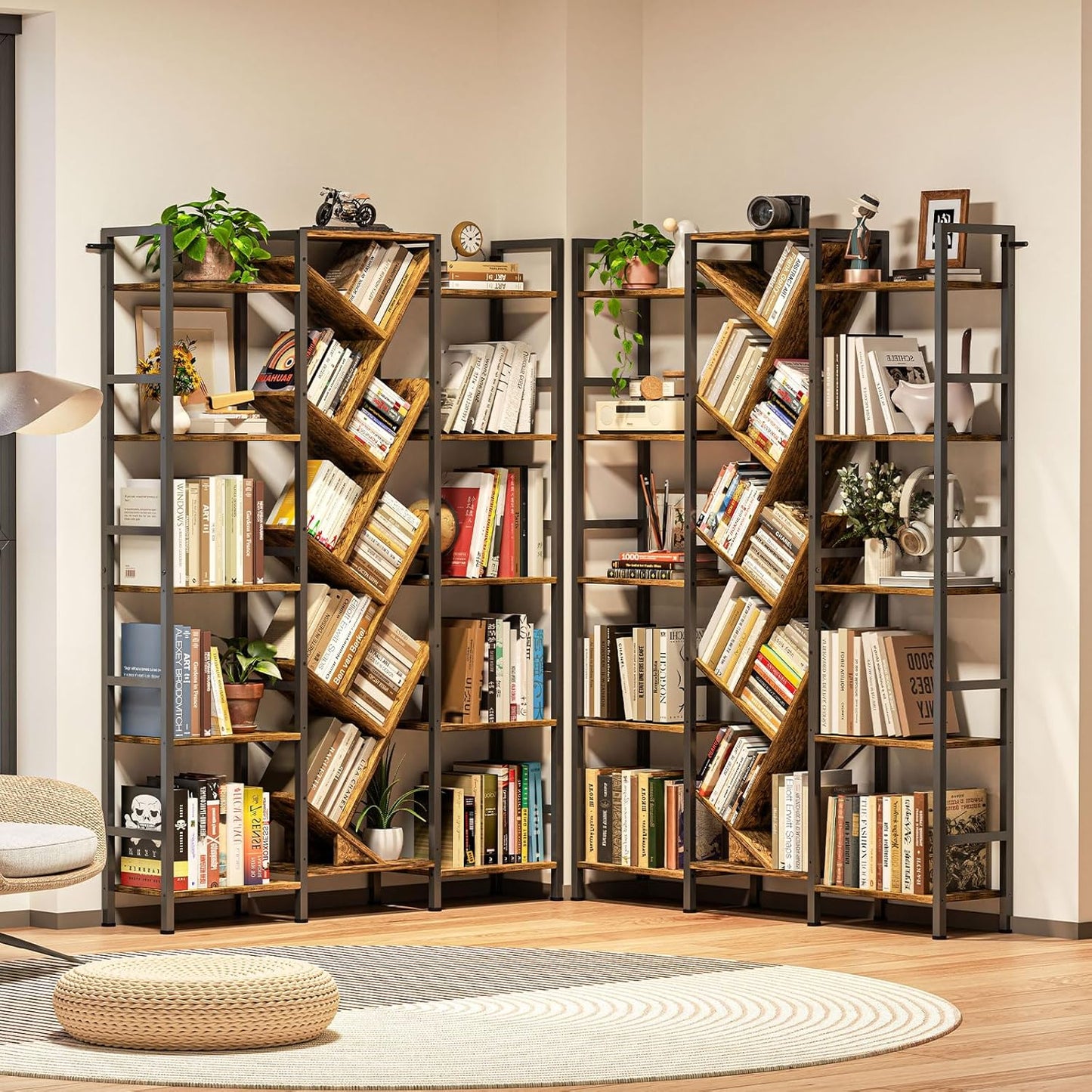 Triple 5 Tier Bookshelf, Large Bookcase Industrial Bookshelf with 19 Open Display Shelf, Wooden Wide Tall Tree Bookshelf for Living Room Home Office, Rustic Brown