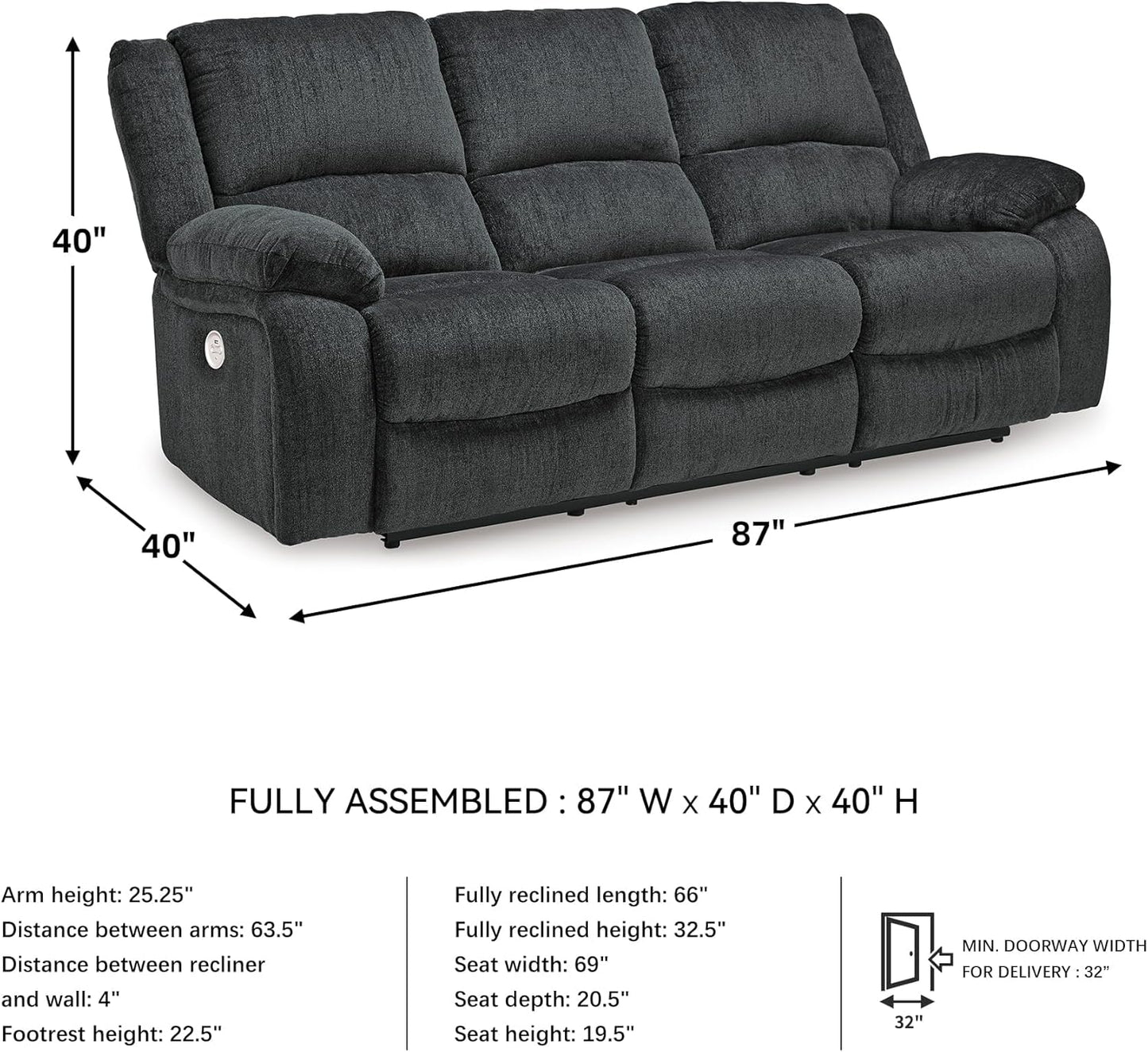 Signature Design by Ashley Draycoll Contemporary Manual Pull Tab Reclining Sofa, Dark Gray