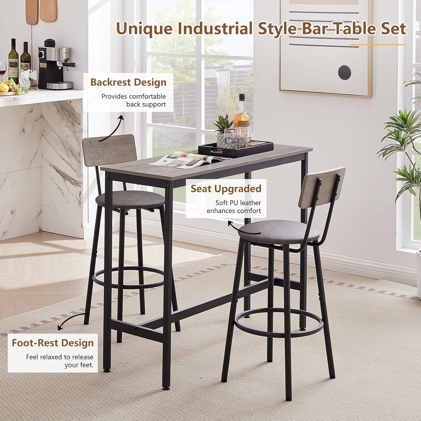 Tatub Bar Table with Stools Set of 2, Industrial 3 Piece Counter Height Small Dining Sofa Table and Chairs Set of 2, Gray