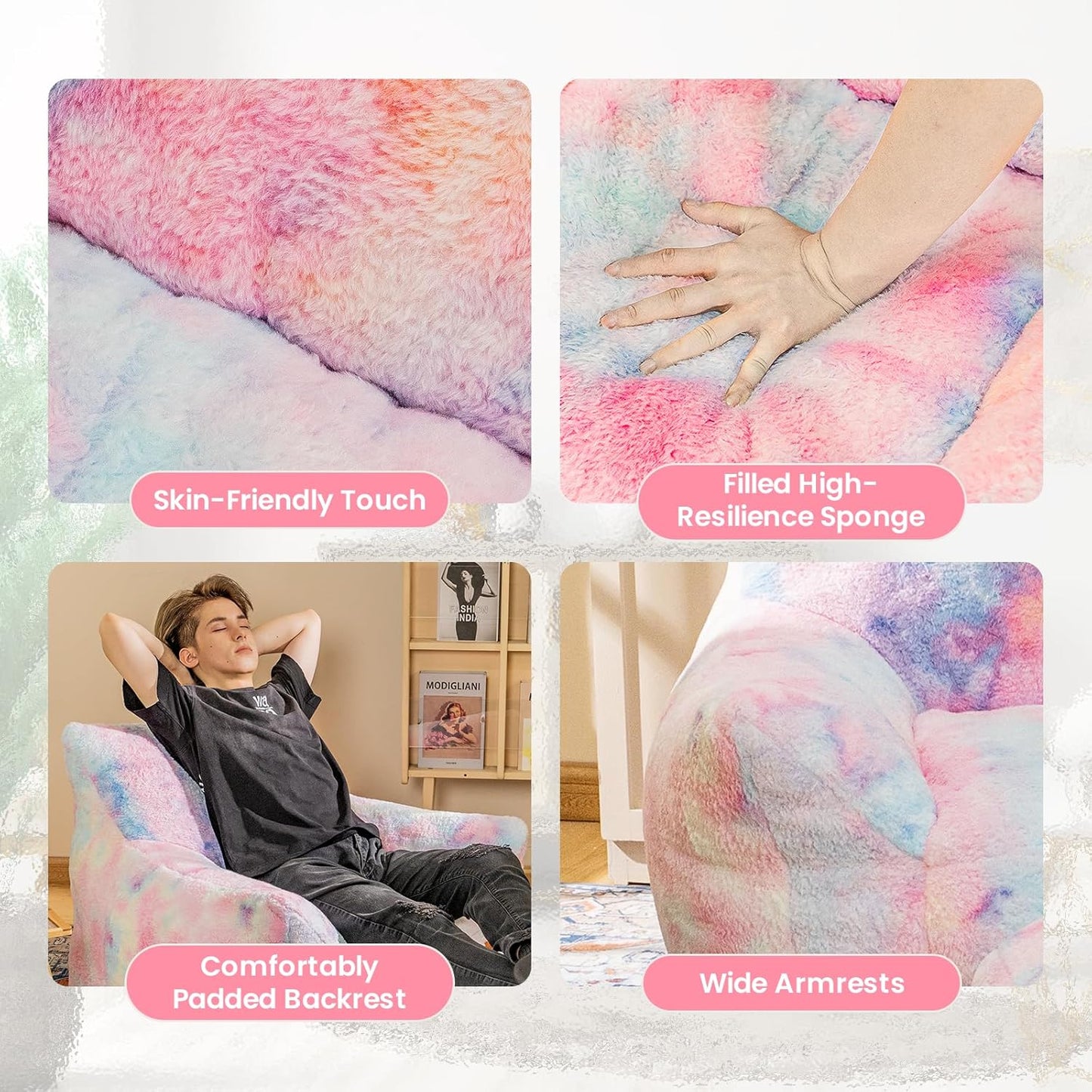 Bean Bag Chair, Sherpa Accent Beanbag Chair and Ottoman Set, Fur Faux BeanBag Chair with Memory Foam Filled, Lazy Sofa Comfy Cozy BeanBag Chair for Dorm, Apartment, Living Room (Colorful)