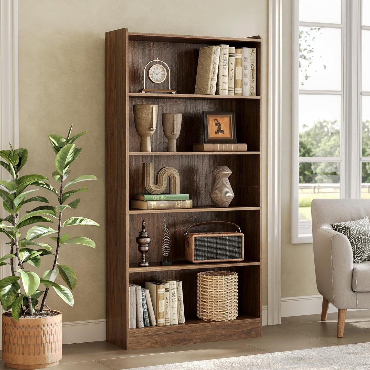 LITTLE TREE 72-Inch Tall Bookcase, 6-Tier Wooden Large Bookshelf, Wide Bookcase Bookshelves, Freestanding Modern Display Shelving Unit for Living Room, Bedroom, Office, Rustic Brown