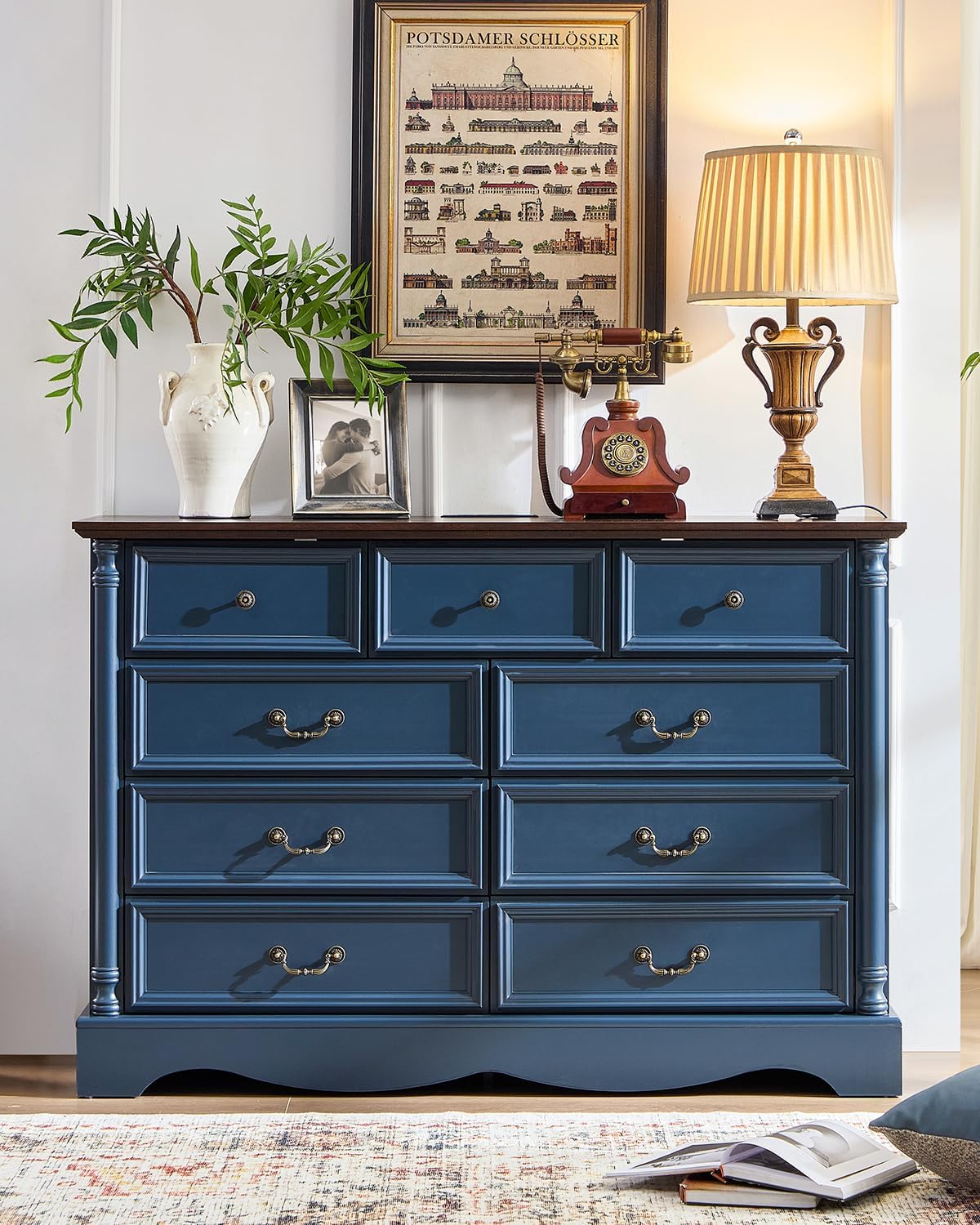 Farmhouse 9 Drawers Dresser for Bedroom with Charging Station, 54" Wide Wood Country Rustic Storage Dressers Organizer, Vintage Design Chest of Drawers TV Stand