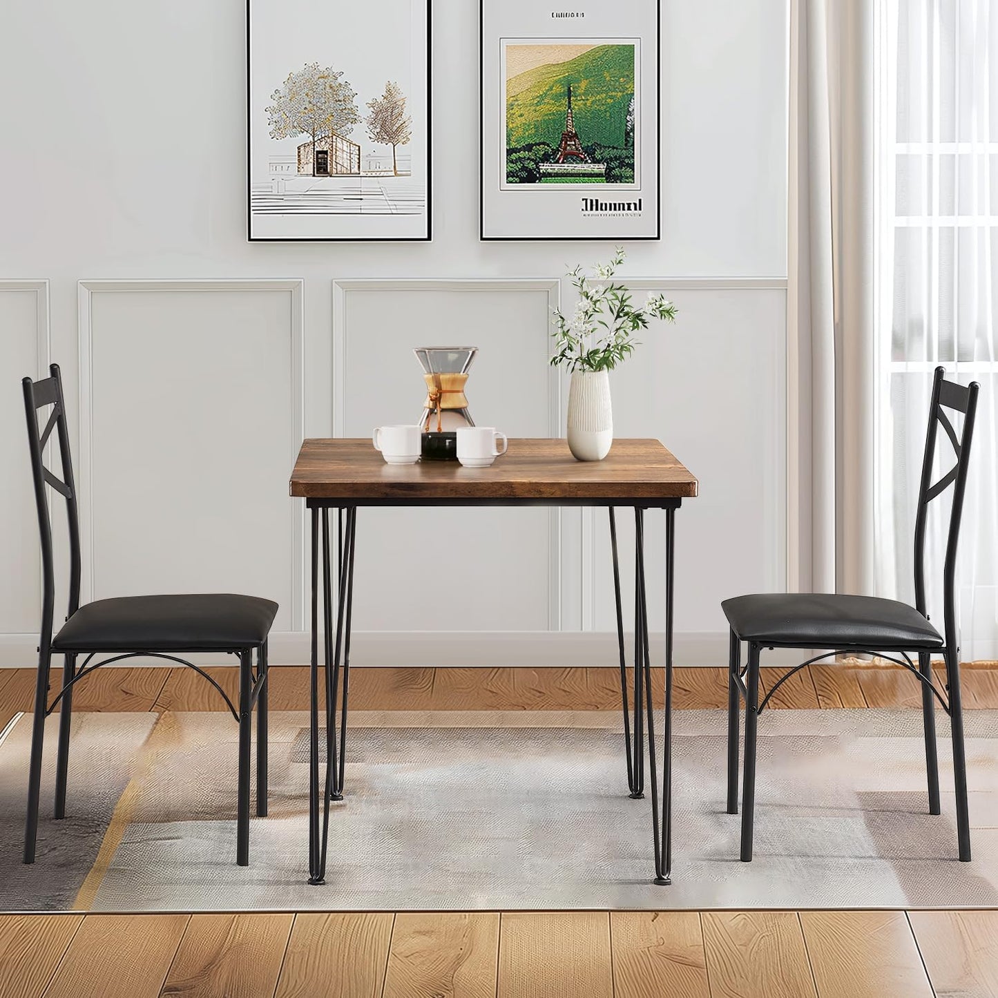 VECELO Kitchen Dining Room Table Set with 2 Chairs for Small Space, Apartment,Metal Steel Frame