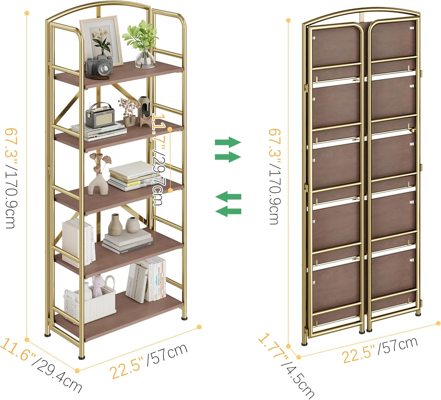 No-Assembly Folding Gold Bookshelf Storage Shelves 5 Tiers Vintage Multifunctional Plant Flower Stand Storage Rack Shelves Bookcase for Home Office