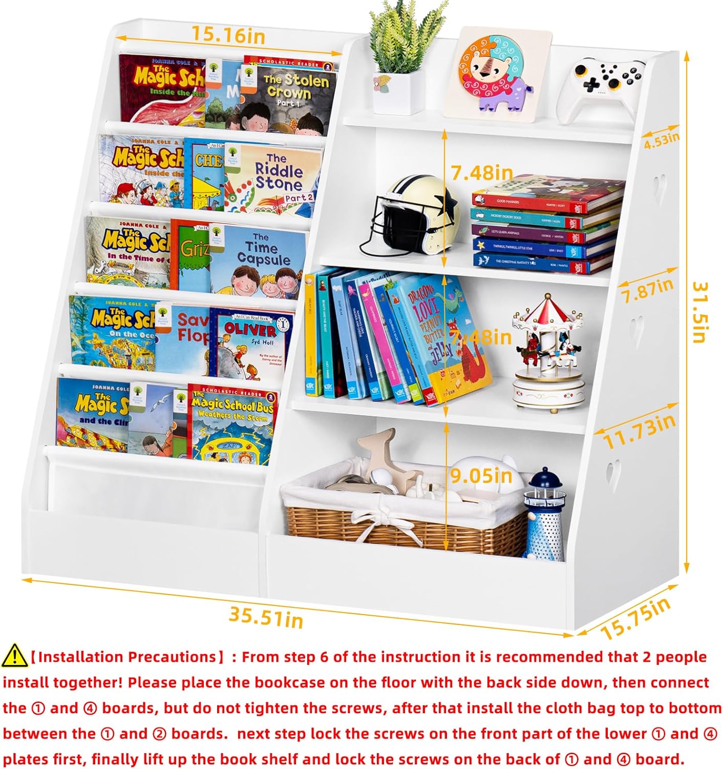 Lerliuo 4 Tier Kids Bookshelf and Storage Organizer, Five Layer Sling Children Bookcase, Baby Toddler Wooden Book Shelf, Display Cabinet for Playroom, Bedroom, Classroom, Nursery, School (White)