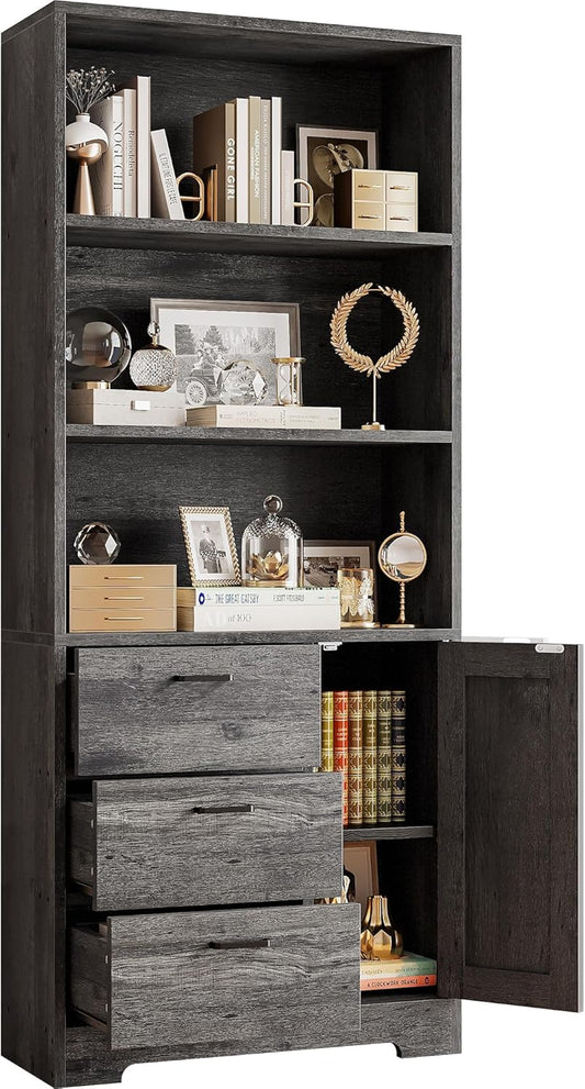 IRONCK Bookshelf with Door and 3 Drawers, 71in Tall Bookcase Shelf with 3-Tier Shelves, for Bedroom Living Room Entrance Hallway Home Office