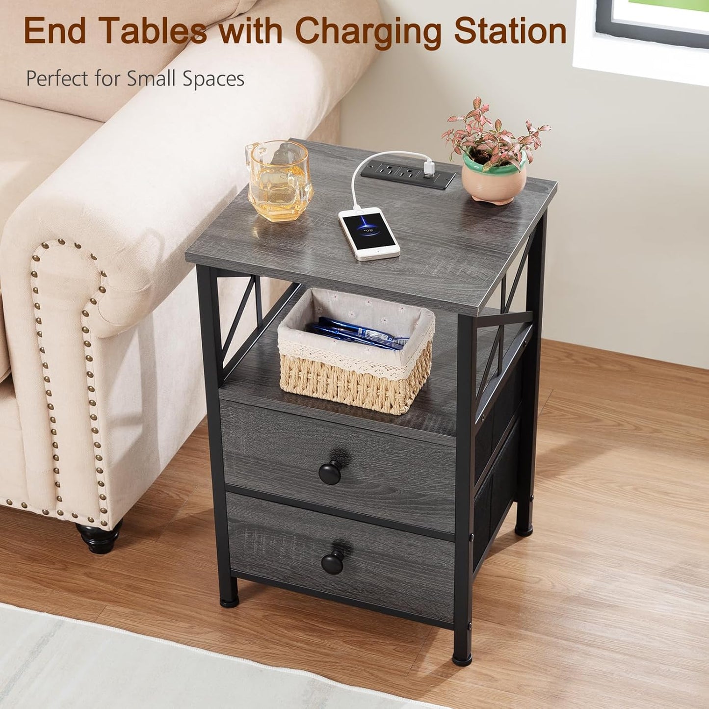 AMHANCIBLE Night Stand Set 2, Nightstand with Charging Station, End Tables Living Room with USB Ports and Outlets, Bedside Tables with Fabric Drawers for Bedroom, Dark Grey HET05XDG