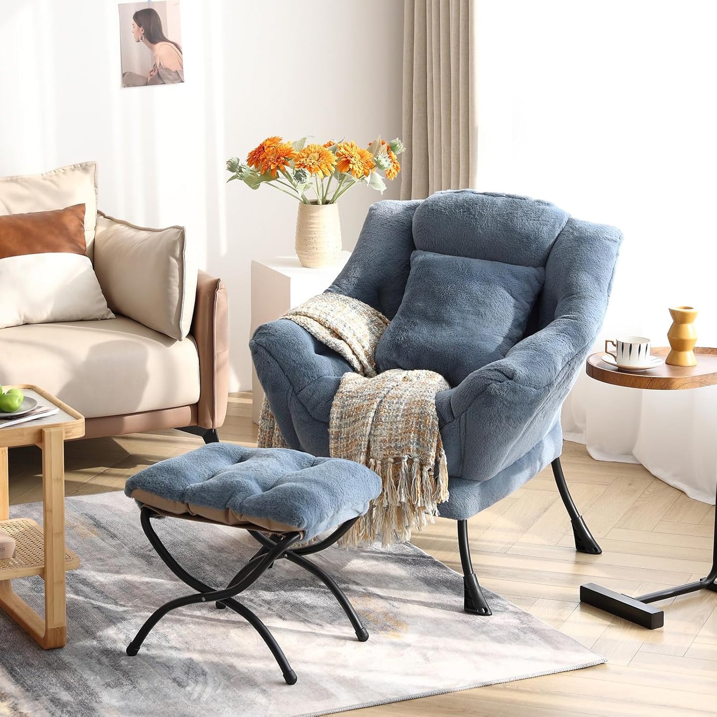 Lazy Chair with Ottoman, Comfy Reading Lounge Chair with Footstool & Throw Pillow Modern with Armrests & Side Pocket for Living Room, Bedroom, Dorm Room, Plush Light Blue