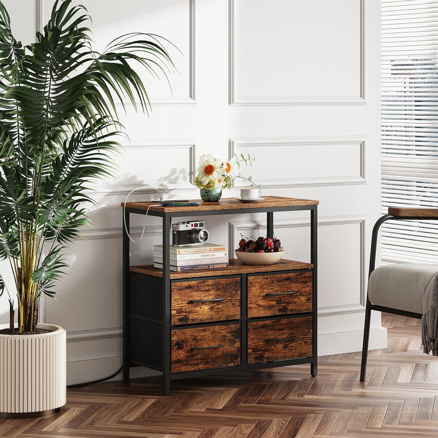 TUTOTAK Large Night Stand with Charging Station, Nightstand with USB and Type-C Port, Bedside Table with Cloth Drawers, End Table for Livingroom, Bedroom, Brown TB01BB081