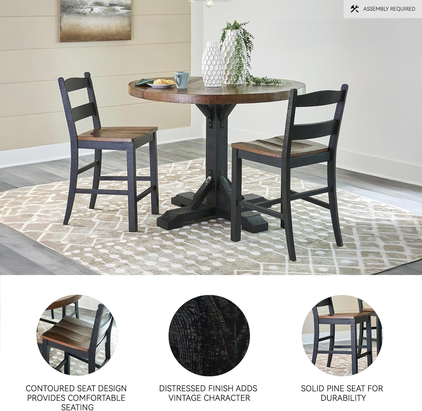 Signature Design by Ashley Valebeck Rustic 24” Counter Height Bar Stool with Contoured Seat, Set of 2, Black & Dark Brown