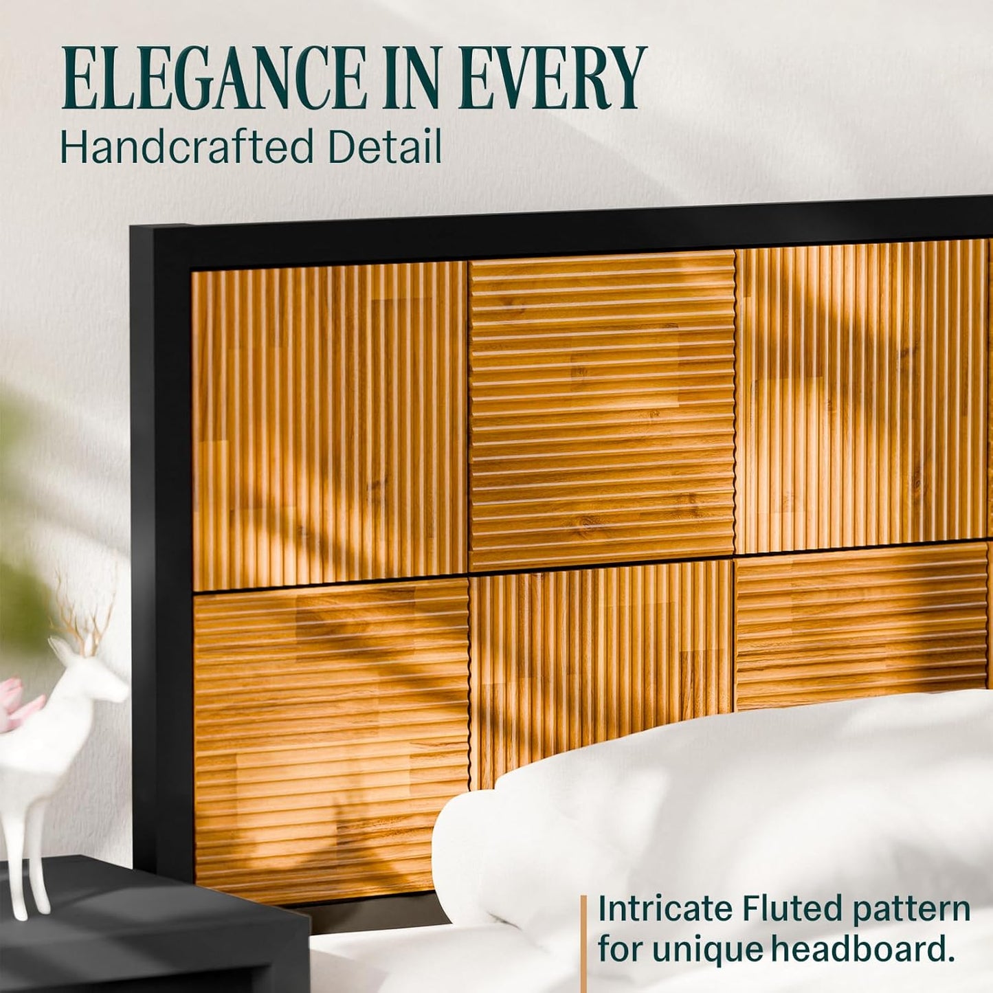 Bme Madia King Size Bed Frame and Headboard, Sophisticated Mid-Century Style with Fluted Pattern, 800lbs Weight Support, Crafted from Durable Acacia Wood Slats, Simple Assembly, Sleek Black Finish