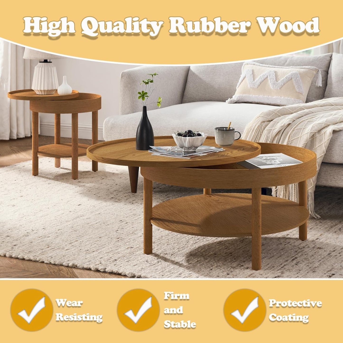 Round Coffee Table,Living Room Table with 3 Tiers 31.5 Inch Storage Pivoting Table with 3 Tiers, Made Entirely of Rubberwood and MDF Board (Brown 31.5" x 31.5" x 17.75")