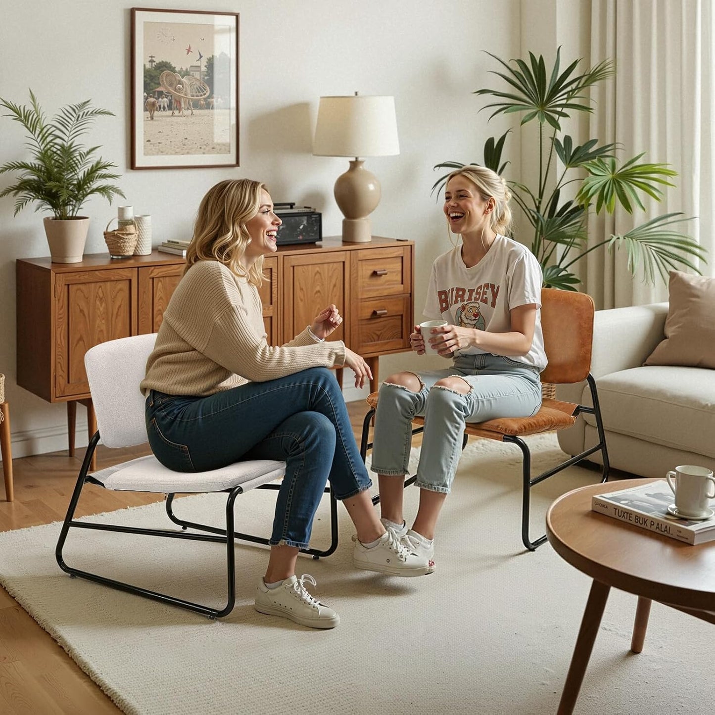 DAICO Modern Accent Chair Comfy Living Room Chair Armless Sling Accent Chairs Upholstered Side Sitting Chairs with Metal Frame for Office Reception Reading Bedroom Waiting Room, Beige