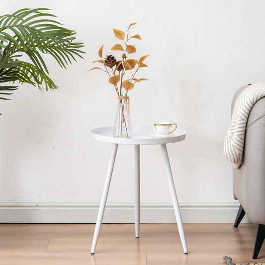 Apicizon 16" Round Side Table, White End Table for Living Room, Bedside, Mid Century Modern Coffee Table or Circle Accent Table for Small Spaces, Metal Nightstand (White)