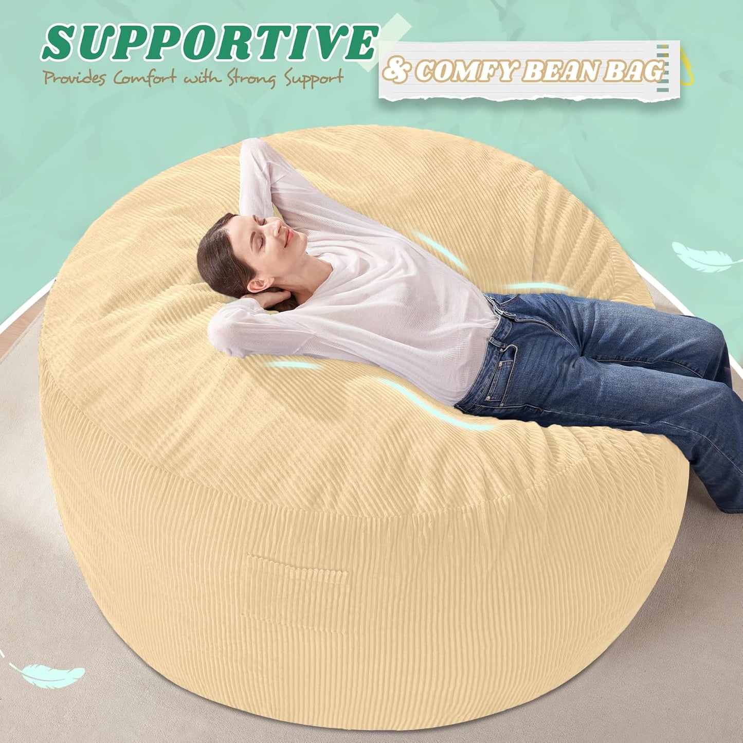 HABUTWAY 5FT Bean Bag Chair,Giant Bean Bag Chairs for Adults,Big Bean Bags with Memory Foam Filled, Large Beanbag Chairs with Soft Corduroy Cover-Khaki