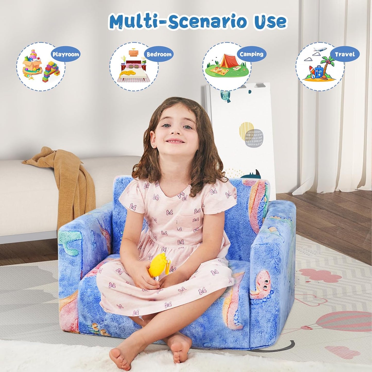 Toddler Chair Comfy,2-in-1 Soft Toddler Couch Fold Out for Kids,Convertible Sofa to Lounger,Gift for Girls and Boys Birthday,Dinosaurs,Medium