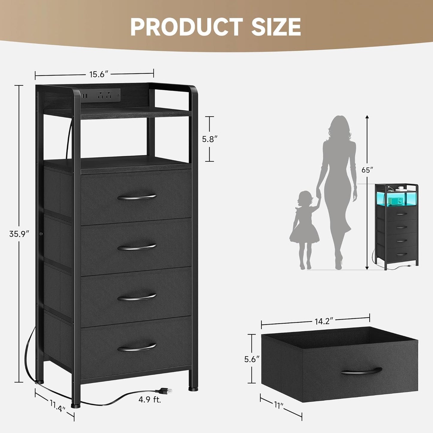 Night Stand Bedside Table Bedroom - Tall Nightstand with Charging Station & LED Light Strip, Bed Side Table with Storage Shelf & 4 Fabric Drawers, 2 U-S-B Ports & 2 AC Outlets