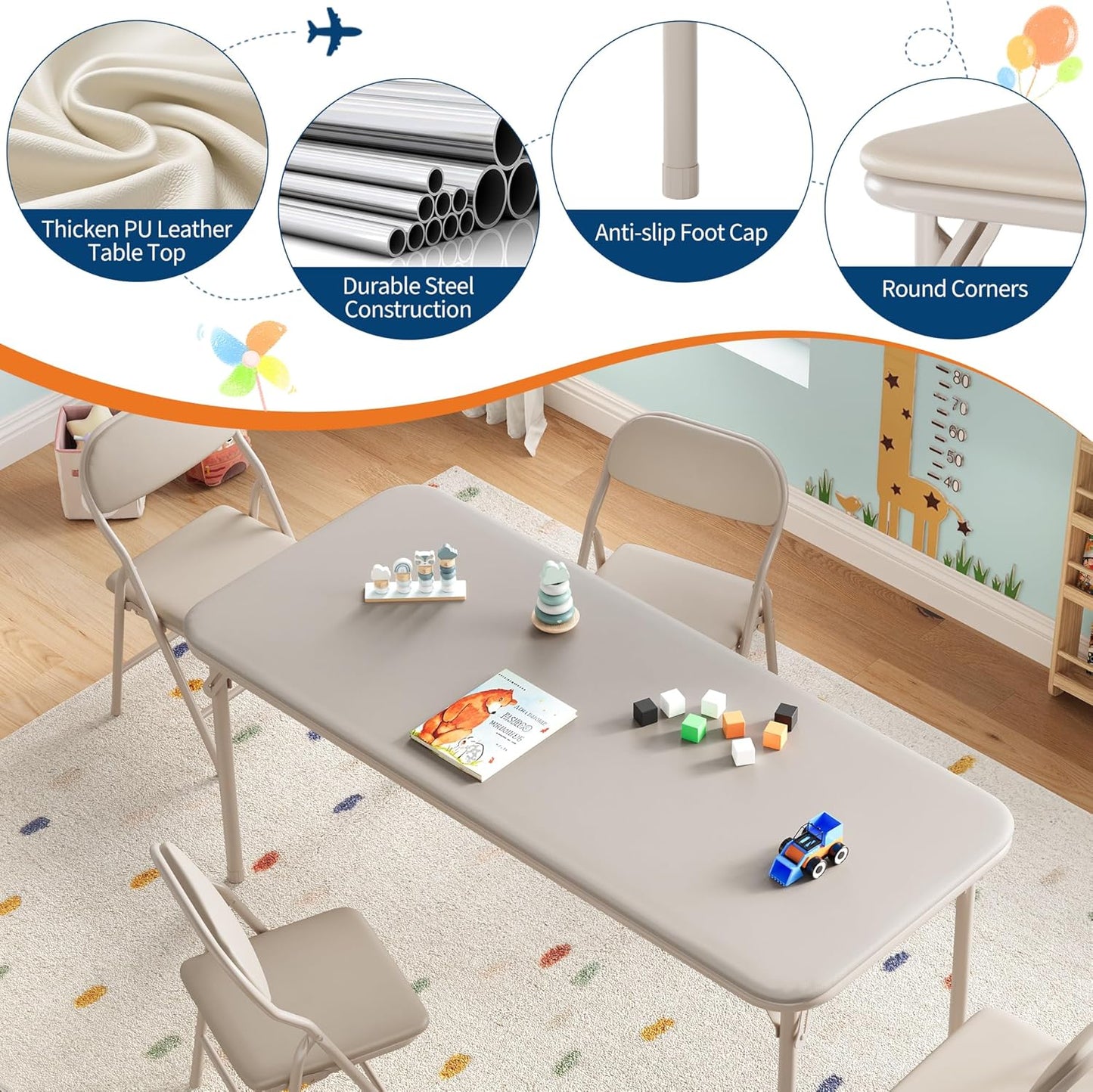 IDEALHOUSE 5 Piece Folding Kids Table and Chairs Set, Children Activity Table and Chairs Set for Dining Room,Daycare,Classrooms