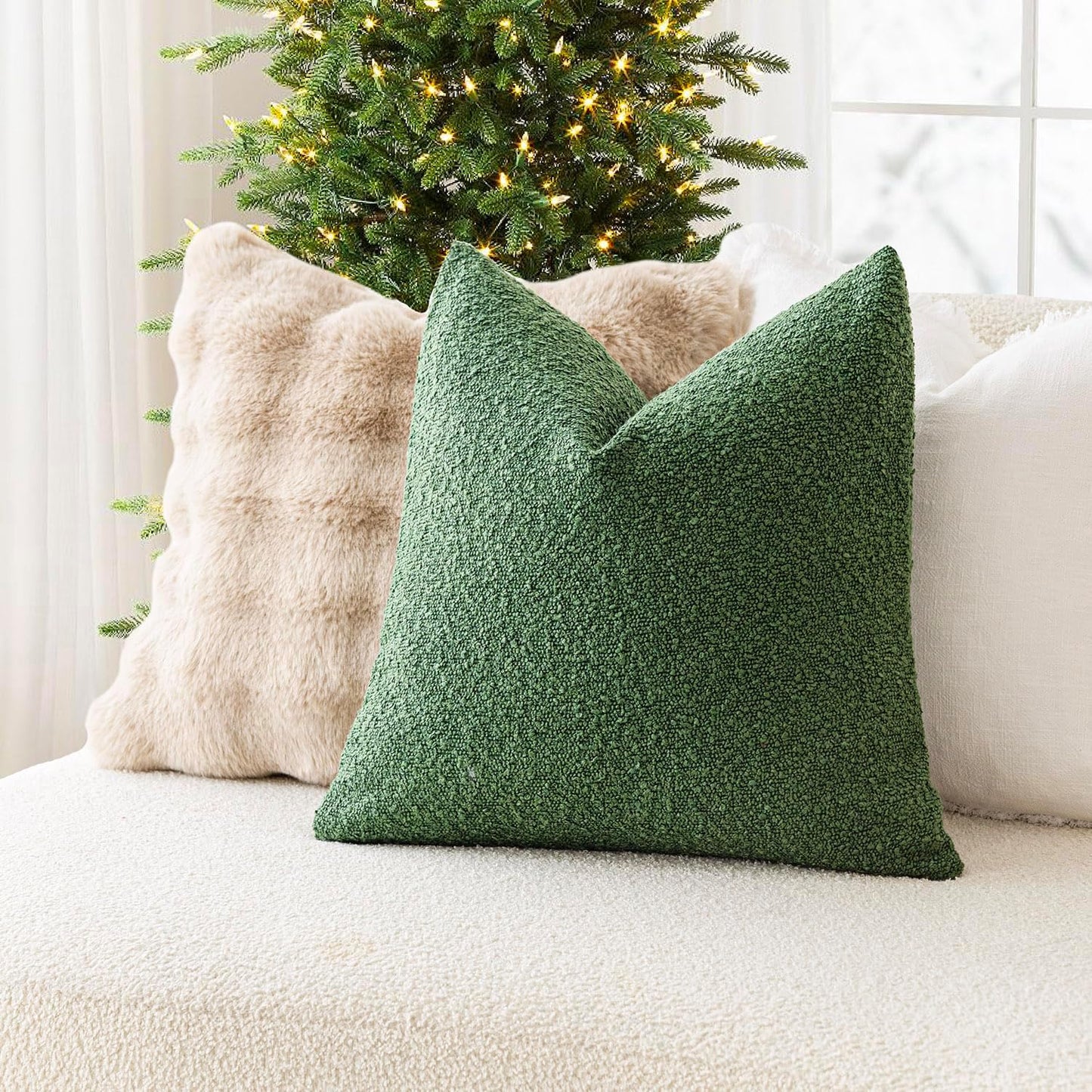 Foindtower Set of 2, Decorative Textured Boucle Throw Pillow Covers Accent Solid Pillow Cases Neutral Cozy Couch Cushion Case for Chair Sofa Bedroom Living Room Home Decor 24 x 24 Inch Hunter Green