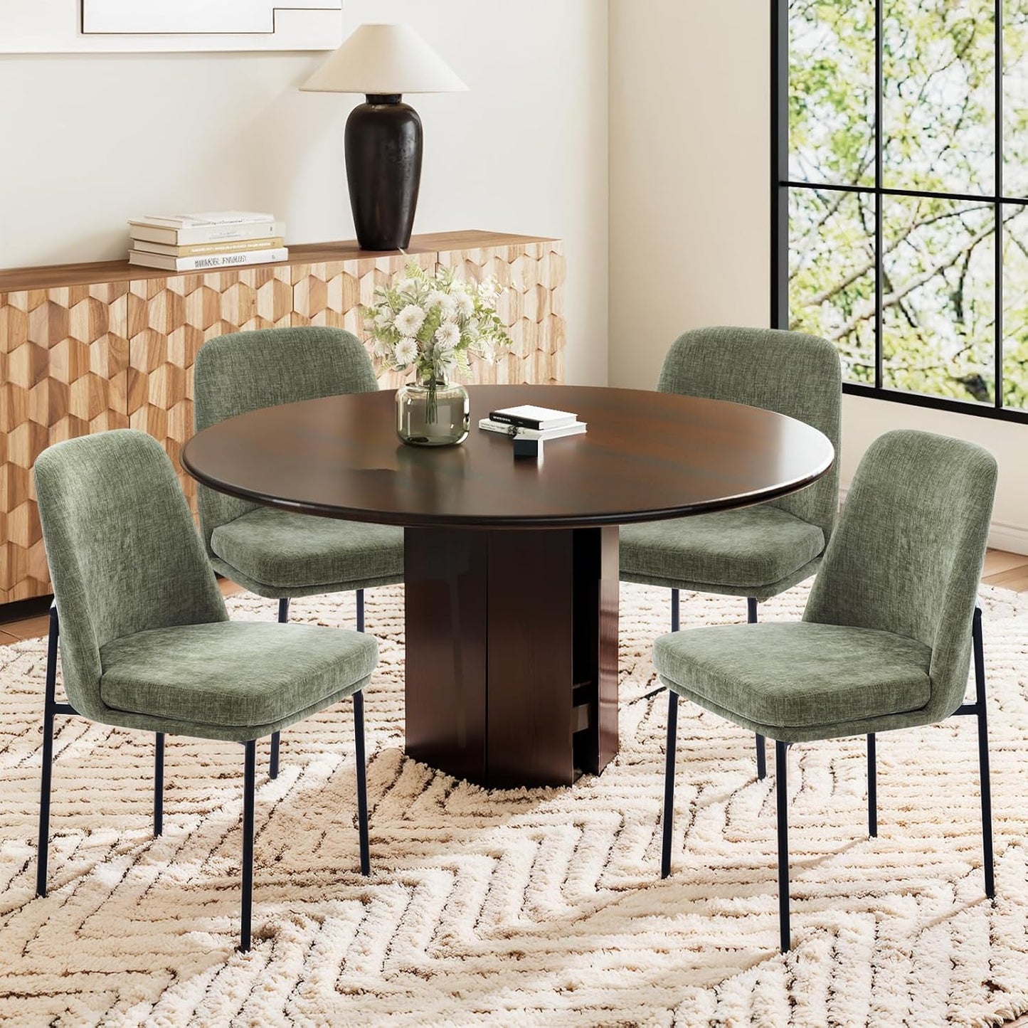 COLAMY Modern Dining Chairs Set of 4, Fabric Upholstered Dining Room Chairs Dinner Chair Stylish Kitchen Chairs with Curved Back and Metal Legs, Green