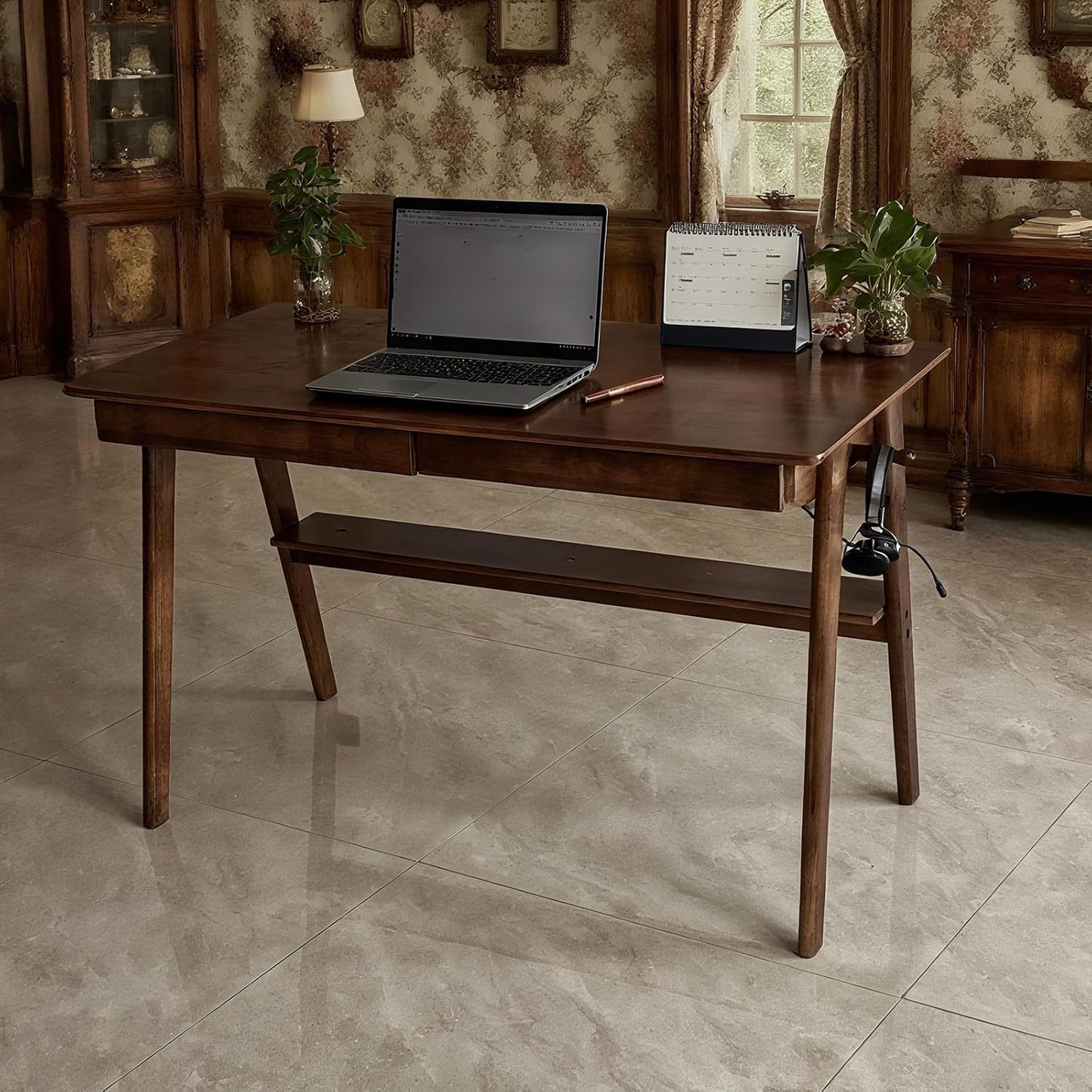 Oak Desk with Drawers, Solid Wood Desk with Bookshelf Small Computer Desk for Small Spaces Mid-Century Modern Wood Writing Desk with 2 Drawers for Home Office 47"