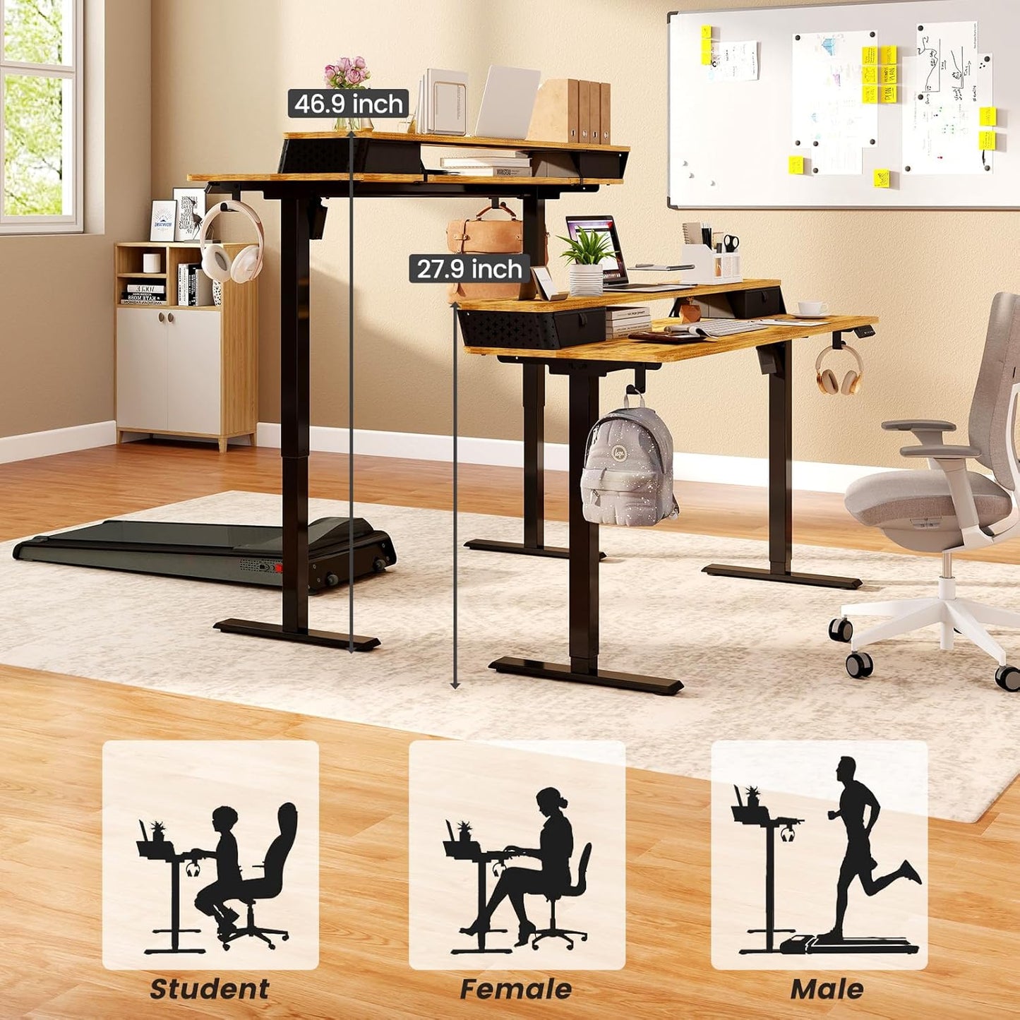 Standing Desk With Drawers and Brushless Motor,Electric Height Adjustable desk for Walking Pad,Ergonomic Stand Up Desk for Home Office & Gaming,3 Memory Height Preset & Hooks(55" x 24",Rustic Brown)