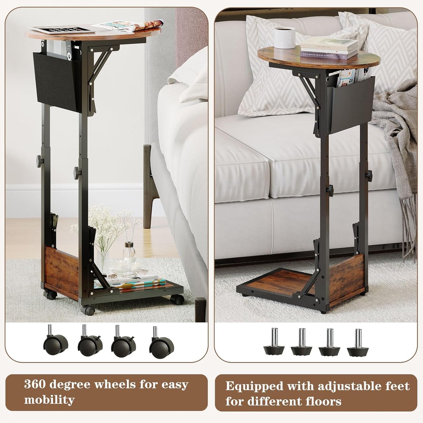 Folding C Shaped End Table, Small Side Table with Storage Bag for Sofa, Couch Table with Wheels, TV Tray Table for Living Room, Bedroom, Rustic Brown