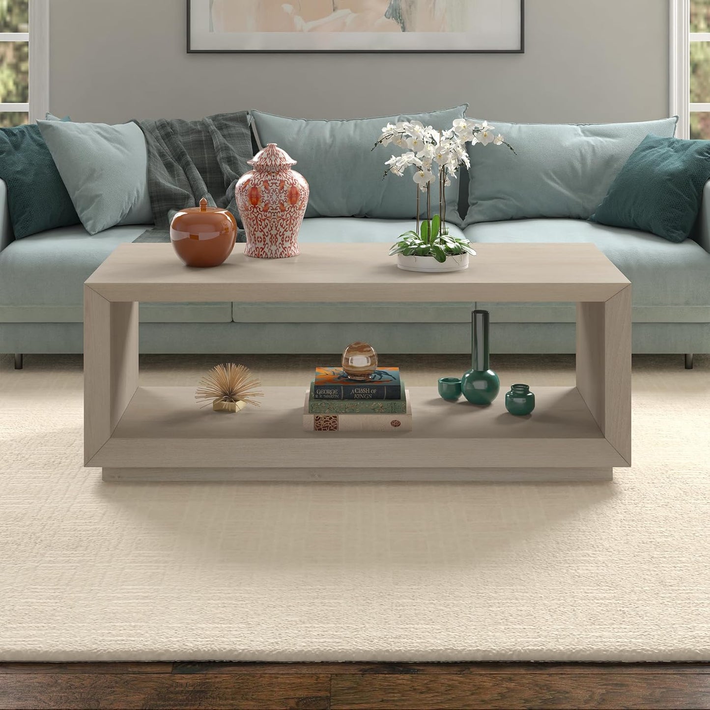 Henn&Hart 48" Rectangular Coffee Table with Open Storage Shelf for Living Room, Family Room, or Office, Alder White