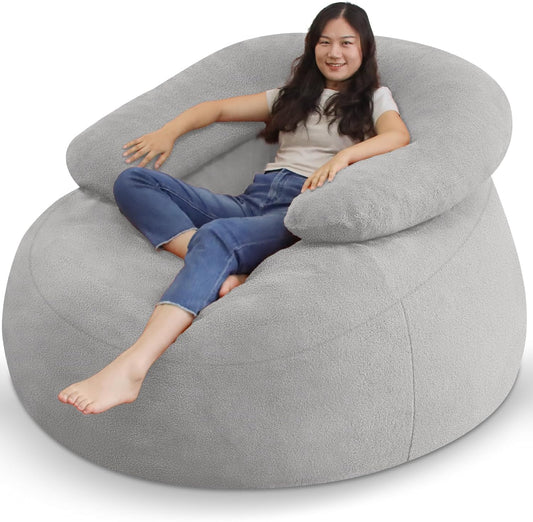 HABUTWAY Bean Bag Chair with U-Shaped Pillow for Adult and Kids Big BeanBag Chair with Filling Ultra Soft Teddy Fleece Couch Chair with Washable Cover for Living Room Bedroom, Light Grey & Light Grey