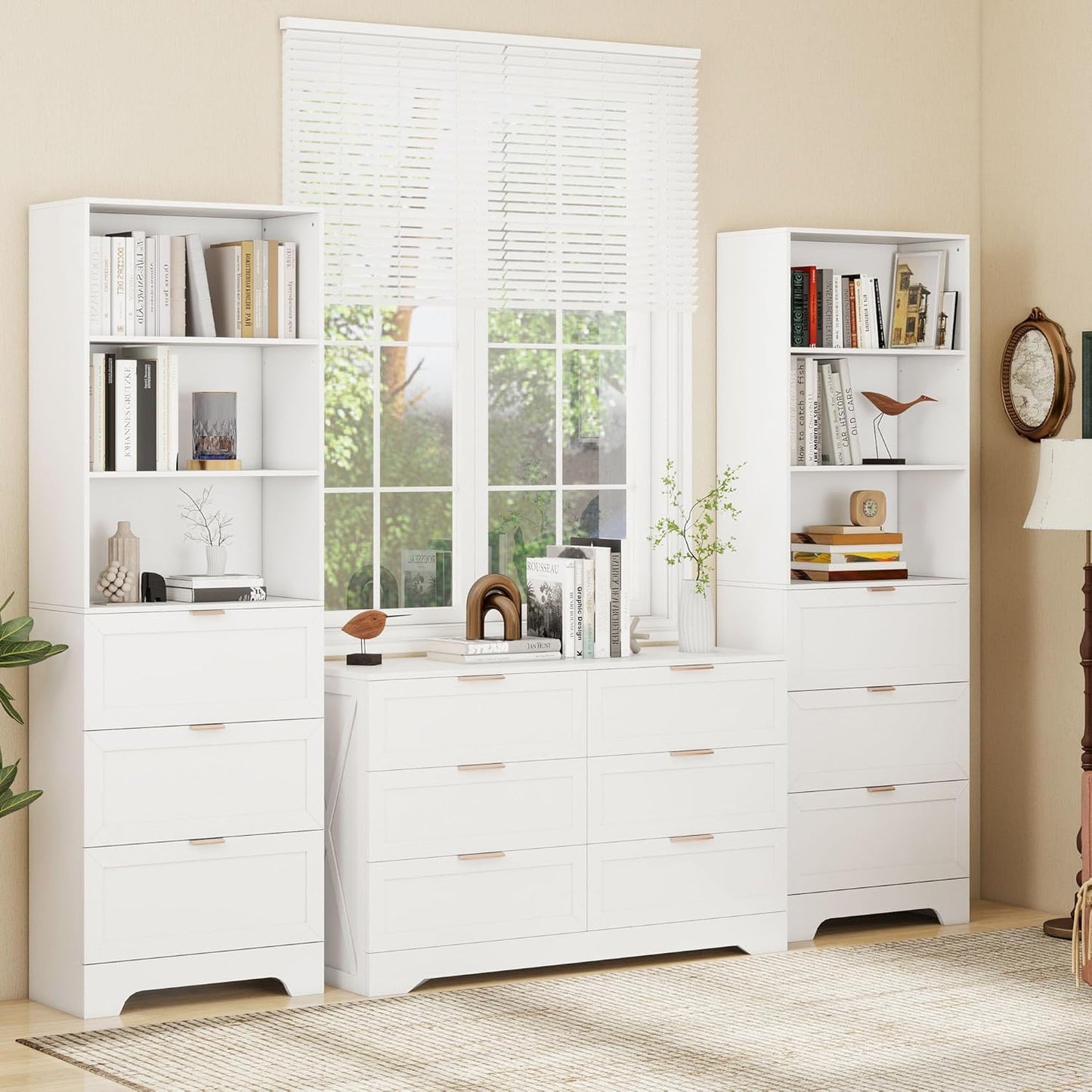 71" Tall Modern White Bookshelf with Storage 3 Drawers Freestanding Display Bookcase, Tall Book Shelf with Organizers and Storage, Display case for Home Office, Living Room,Study,White