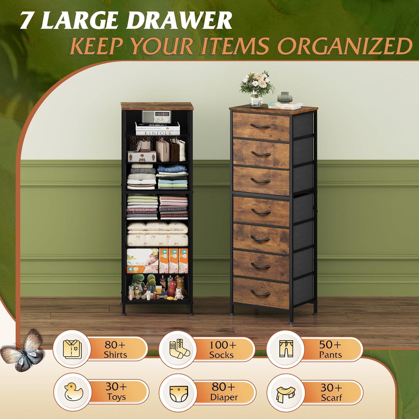 WLIVE Tall Dresser for Bedroom, 7 Drawer Dressers & Chests of Drawers, Fabric Dresser for Closet, Night Stand with Metal Frame, Storage Tower with Fabric Bins, Wood Top, Rustic Brown Wood Grain Print