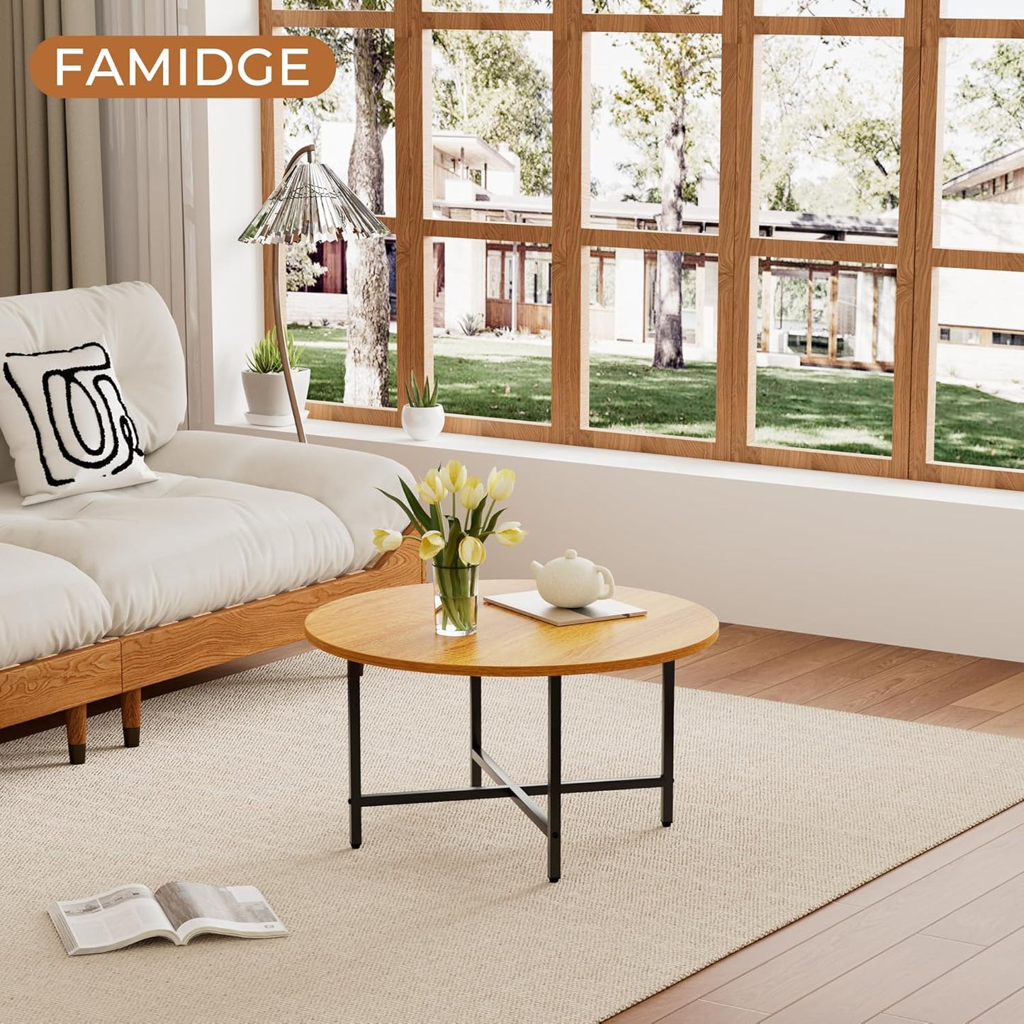 Coffee Table, 23.6" Coffee Tables for Living Room, Round Coffee Table with Metal Frame, Floor Table for Sitting on The Floor, Home, Office, Honey Brown