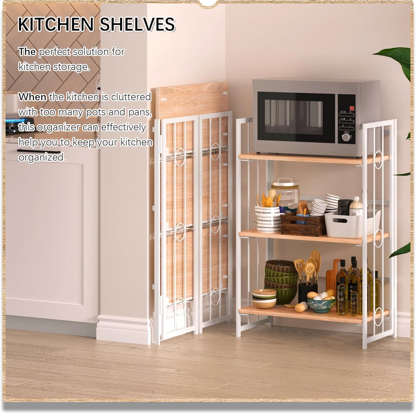 4NM No Assembly 3 Tiers Folding Bookshelf, 35" H Foldable Storage Shelves Vintage Bookcase Standing Racks Study Organizer Home Office - Natural White