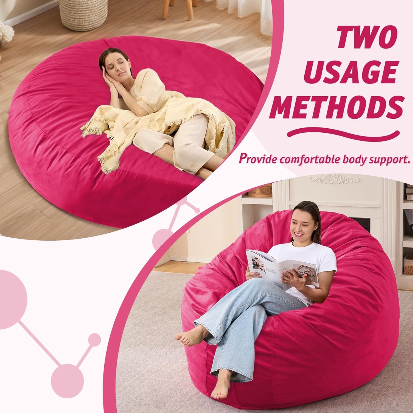 7FT Bean Bag Chair with Ultra Soft Velvet Cover Bean Bag Sofa with Memory Foam Bean Bag Chairs with Large Size Lazy Sofa for Dorm Office Living Room Bedroom Hot Pink 7'